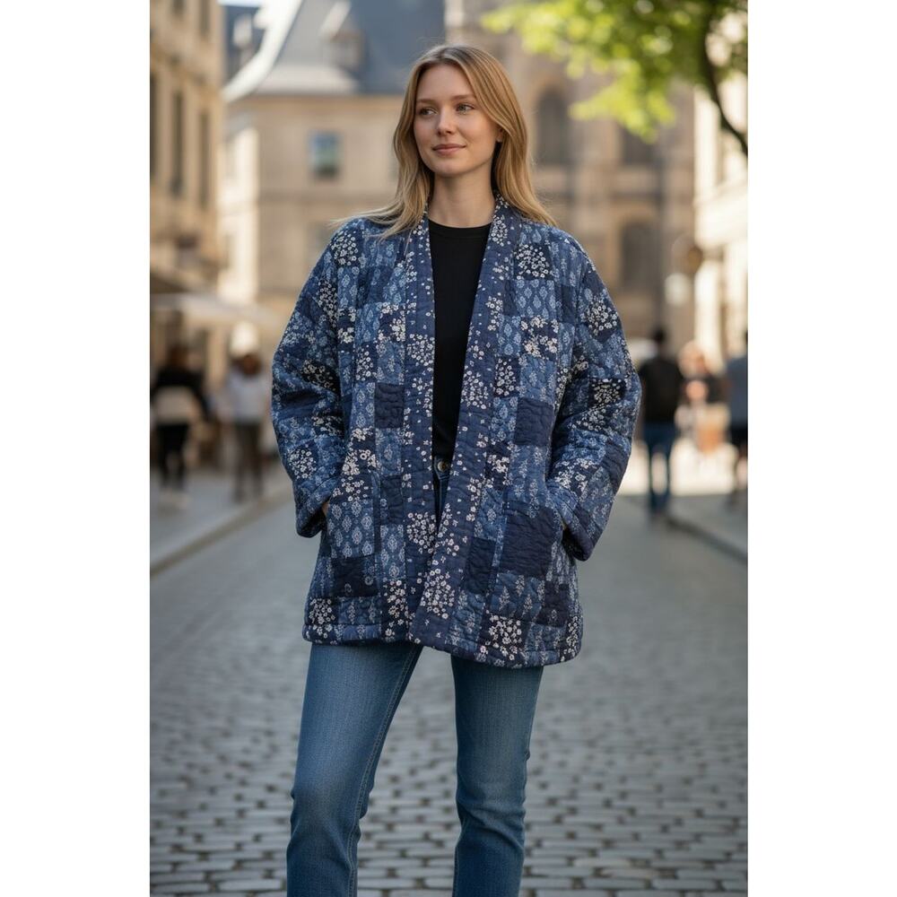 Style & Co NWT Quilted Coastal Classic Blue Floral Design Jacket Medium